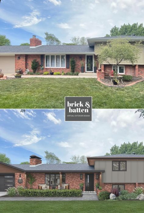 Half Brick Exterior, Red Brick Ranch Exterior Makeover, Red Brick Ranch Exterior, Split Level House Exterior, Desert Twilight, Split Level Remodel Exterior, Brick House Exterior, Red Brick House Exterior, Design Vip