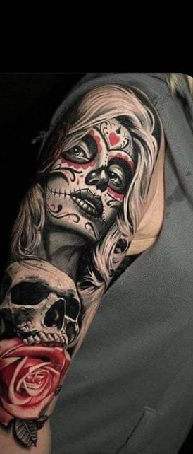 Female Sleeve Tattoos, Female Sleeve Tattoo Ideas, Realistic Skull Tattoo, Female Sleeve Tattoo, Day Of Dead Tattoo, Sleeve Tattoos Ideas, Candy Skull Tattoo, Realistic Skull, Horror Tattoos