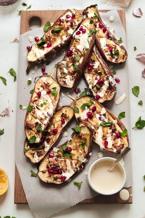 Garlicky Roasted Eggplant with Citrus Tahini Dressing Tahini Vinaigrette, Tahini Sauce Recipe, Vegan Sweet Potato Casserole, Tahini Dressing Recipe, Vegan Mashed Potatoes, Small Eggplant, Healthy Food Guide, Eggplant Dishes, Roasted Eggplant