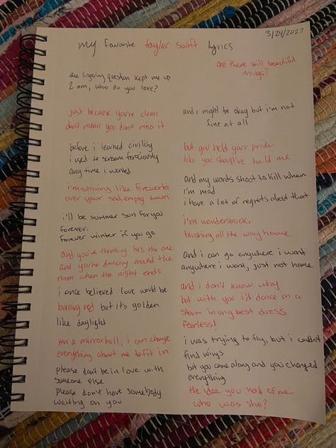 Song Lyric Journal Ideas, My Favorite Lyrics Journal, Lyrics I Love Journal Page, Favorite Lyrics Journal, Lyrics I Love Journal, Taylor Swift Notebook Ideas, Song Lyrics Journal Page, Taylor Swift Notes, Taylor Swift Journal Pages