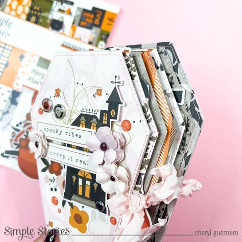 Hi Simple Stories friends! It’s Cheryl here on the blog today with this fun Halloween project using FaBOOlous.      This collection features my favourite shade of soft pink and as soon as I saw this ghost paper, I knew I had to use it for the cover of a mini album. I decided to make a coffin shaped album using a hidd Kaisercraft Cards, Halloween Mini Albums, October Daily, Diy Mini Album, Hidden Hinges, Halloween Paper Crafts, Halloween Scrapbook, Fall Scrapbook, Coffin Shape