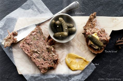 // grazing board: pork terrine, mustard, cornichons, bread Small Plates Food, Grazing Plate, Pork Terrine, Small Plates Recipes, Caramelized Onions Recipe, Fish Sandwiches, Fried Seafood, Baked Camembert, Food Truck Food