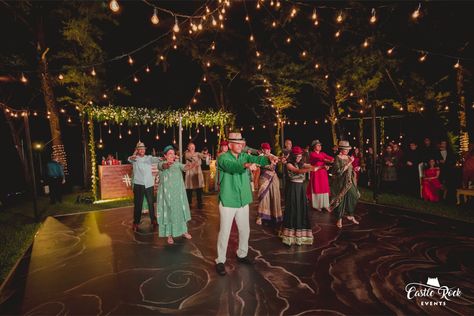 No indian wedding is complete without the near and dear ones dancing for you, with you and to celebrate you! 💃 #RagsGoesbAnanas ✨  Wedding Planner : @castlerockevents Decor  Design : @castlerockevents #weddinginspiration #weddingideas #weddingdecor  #decortheme #destinationwedding #indianwedding  #sangeet #sangeetnight #sangeetdecor #sangeettheme #whimsicalnight #whimsicaldecor #whimsicaltheme #sangeetnightdecor #sangeetdance #familydance #dancefloor #weddingdancefloor #sangeetdancefloor Sangeet Dance Floor Outdoor, Sangeet Dance Floor, Outdoor Sangeet, Wedding Dance Floor Ideas, Dance Floor Ideas, Wedding Dance Floor, Sangeet Decor, Night Wedding Decor, Wedding Stage Backdrop