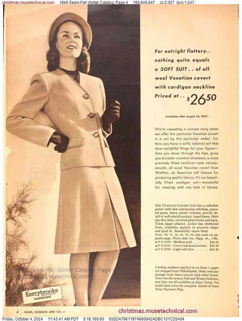 1945 Sears Fall Winter Catalog, Page 4 - Catalogs & Wishbooks 1940's Fashion, Christmas Catalogs, 1940s Fashion, Fashion History, Fall Winter, History, Christmas