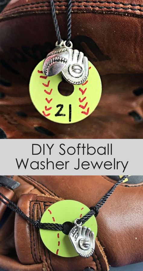 Super cute activity for team building!  Make Softball jewelry using washers from the hardware store. | Carla Schauer Studios Diy Softball Keychain, Softball Earrings Diy, Softball Crafts For Team, Softball Goodie Bags, Softball Clothes, Softball Tips, Softball Room, Softball Bracelet, Softball Things