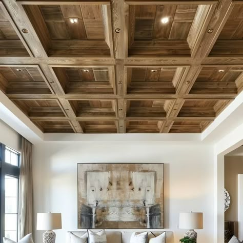 15 Stunning Coffered Ceiling Ideas That Enhance Style of Your Home Coffered Ceiling Theater Room, Square Wood Ceiling Design, Wood Drop Ceiling Tiles, Coffered Wall Ideas, Wood Ceiling Foyer Entrance, Shiplap On Walls And Ceiling, Poplar Wood Ceiling, Antique Ceiling Design, Coffered Ceiling With Fan