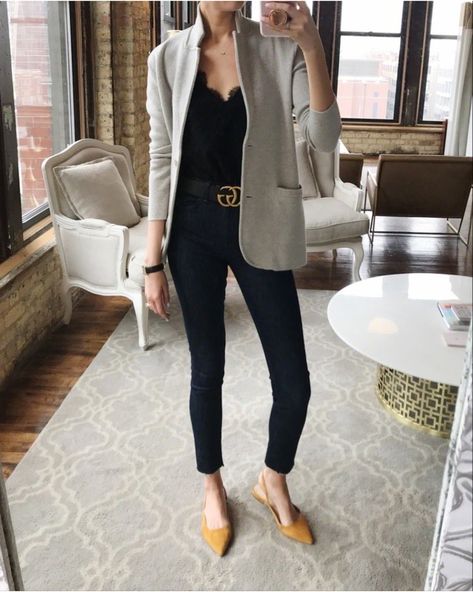 Business Casual Grey Blazer, Anna Grey Outfits, Cream Lug Sole Loafers Outfit, How To Dress Up Flats, Office Outfits With Flats, Grey Sweater Blazer Outfit, Yellow Mules Outfit, Nutritionist Outfit, Mustard Shoes Outfit