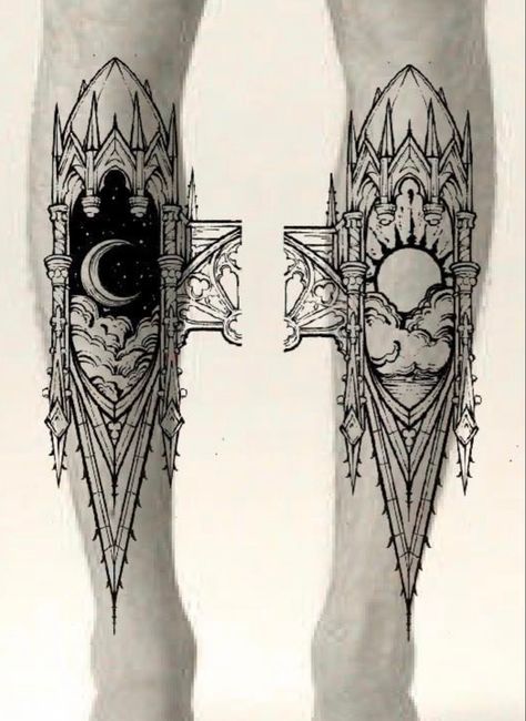 Gothic Zodiac Tattoos, Gothic Calf Tattoo, Cathedral Leg Tattoo, Goth Architecture Tattoo, Cathedral Chest Tattoo, Gothic Victorian Tattoo, Neo Gothic Tattoo, Gothic Ornamental Tattoo, Shin Tattoo Design