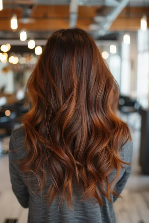 35 Copper Balayage Brunette Hairstyles To Add Warmth And Shine To Dark Hair In 2025 Auburn Balayage Brunette, Brunette Copper Hair, Brunette Copper, Subtle Caramel Highlights, Copper Balayage Brunette, Brown Auburn Hair, Balayage Hair Copper, Brunette Roots, Copper Hair Dark