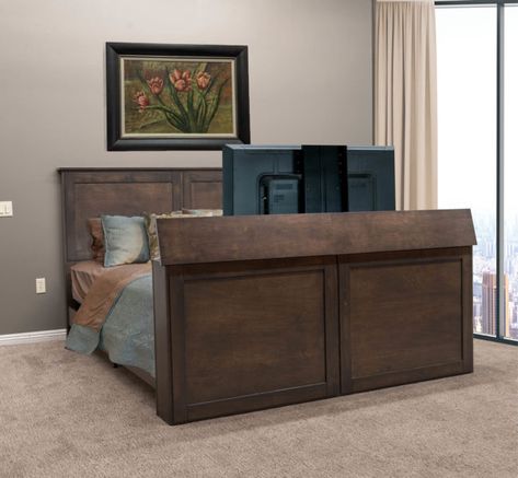 The Hudson TV Bed - Traditional TV Bed - Wildwood TV Lift Furniture Tv Ottoman, Shaker Trim, Tv Bed Frame, Hide Your Tv, Built In Tv, Custom Beds, Tv Bed, Raised Panel Cabinets, Tv Built In