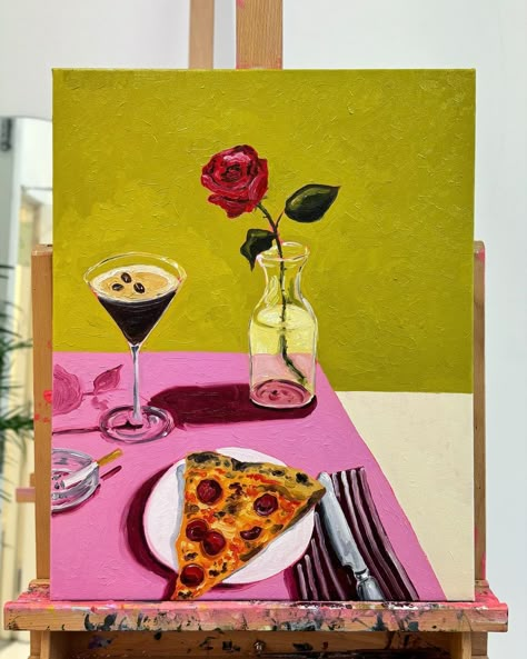 ‘Slice of Romance’ 🍕🍕🍕 - 40cm x 50cm 🫒 available £475 Available to buy through my website or dm to enquire x . . . . . #painting #art… | Instagram Lounge Artwork Ideas, Amelia Jayne Art, 4 Paintings Set Ideas, Table Illustration Art, Dinner Table Painting, Dinner Party Painting, Table Art Painting, Dining Table Painting, Dining Artwork