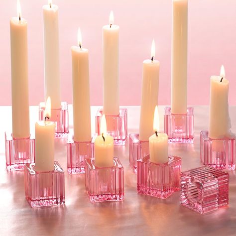 PRICES MAY VARY. Each candle holder measures 1.57"L x 1.57"W x 1.57"H with a 0.98" diameter hole, designed to securely hold standard-sized taper candles, making them ideal for wedding centerpieces for tables. Versatile Use:Ideal for any celebration, from birthdays to Christmas, our pink candle holders enhance any event. Their versatility makes them essential for anyone looking to add a warm, inviting glow to special moments. Superior Quality and Durability: Made from high-quality, lead-free glas Pink Candlesticks, Ball Themes, Candle Stick Holders Decor, Blush Pink Bedroom Decor, Blush Pink Living Room, Colorful Tablescapes, Tablescapes Wedding, Pink Candle Holders, Pink Tablescape