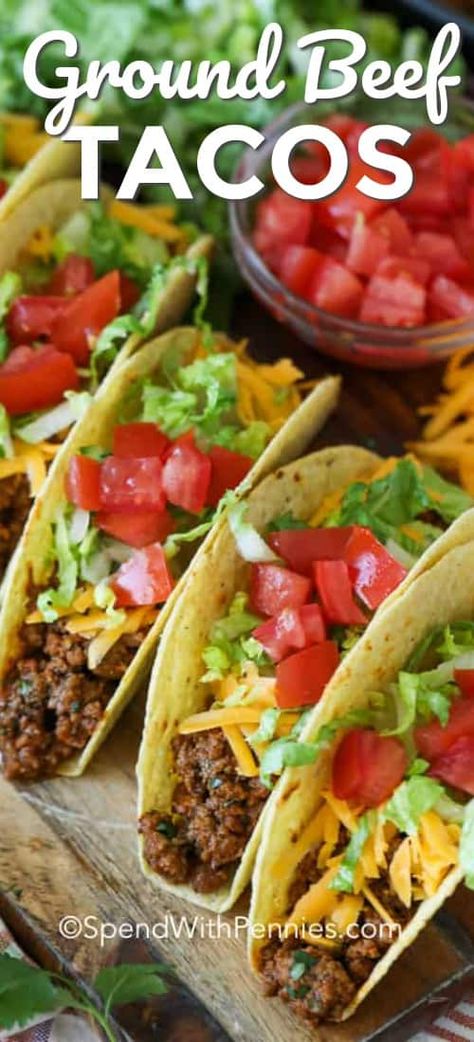 These easy ground beef tacos are perfect for taco night. We love making this beef taco recipe with homemade taco seasoning. Just add your favorite taco toppings! #spendwithpennies #taco #tacos #beeftacos #groundbeeftacos #easytacos #taconight #tacorecipe Beef Taco Recipe, Make Taco Seasoning, Homemade Taco Seasoning Mix, Beef Tacos Recipes, Taco Toppings, Easy Ground Beef, Beef Taco, Beef Tacos, Ground Beef Tacos