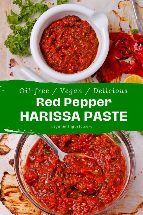 Homemade harissa red pepper paste is a healthy, oil-free recipe that's bright, flavorful, and easy to make with oven-roasted red peppers, chili, and spices in 30 minutes. Use a food processor, or dust off your pestle and mortar – let’s make delicious red pepper paste! Homemade Harissa, Healthy Oil, Red Pepper Paste, Pestle And Mortar, Oil Free Vegan Recipes, Spice Blends Recipes, Harissa Paste, Pepper Paste, Condiment Recipes