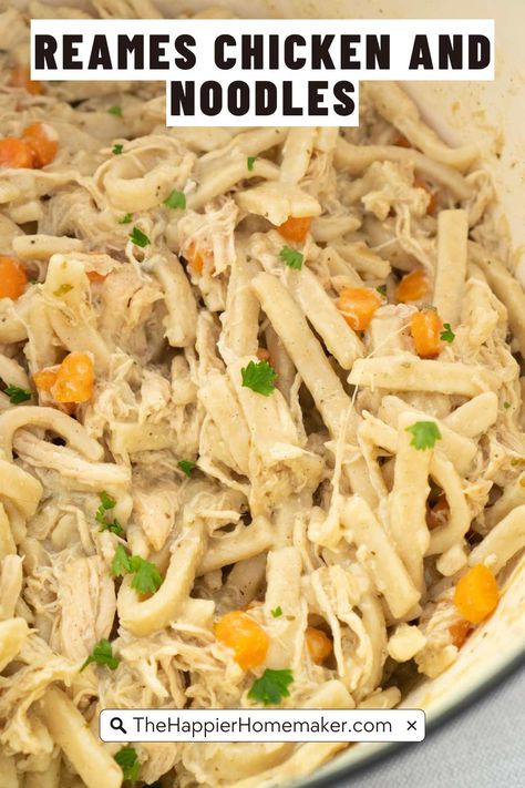 Homestyle Reames chicken and noodles starts with frozen egg noodles and adds perfectly seasoned shredded chicken and carrots to make this ultimate comfort food meal! Chicken And Noodles Egg Noodles, Easy Chicken And Noodle Casserole Recipes, Chicken And Noodles No Canned Soup, Frozen Noodles And Chicken, Chicken And Noodles Canned Chicken, Chicken Noodle With Reames Noodles, Chicken Noodle Reames Noodles, Chicken And Noodles With Egg Noodles, Chicken And Frozen Egg Noodles