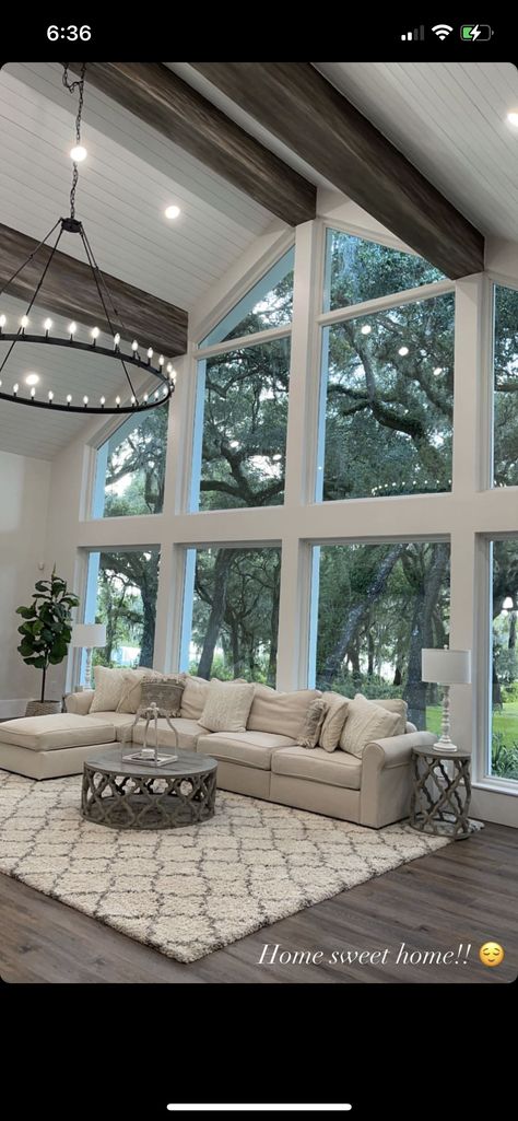 Living Room Full Of Windows, Big Window Living Room Ideas, Big Glass Windows Living Rooms, Full Wall Windows Living Rooms, Living Room Wall Of Windows, Big Window Ideas, Houses With Big Windows, Living Room With Big Windows, Windows In House