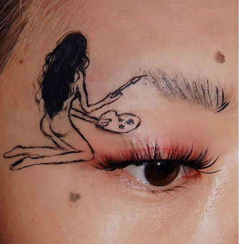 Zhang says, "for those who miss my eyebrows this girl is helping me to paint them back on 🤗." Unconventional Makeup, Related Tattoos, Minimalist Tattoos, Full Face Makeup, Eyebrow Makeup, Minimalist Tattoo, Colorful Makeup, Face Art, Picture Tattoos