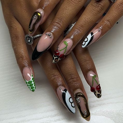 starting to love the almond.. 🎱🐆🍒🌿 ♡ • ♡ • ♡ #nails #acrylicnails #gwinnettnailtech #nuvolennails #longnails #gwinnettnails #nailsofinstagram #nailart #nailsoftheday #nailinspo #naildesigns #nailtech #nailsnailsnails #almondnails Point Almond Nails, Chrome Airbrush Nails, Almond Freestyle Nails, Almond Junk Nails, Halloween Nail Designs Almond, Almond Bling Nails, French Tip On Almond Nails, 24th Birthday Nails, Winter Almond Nails Ideas