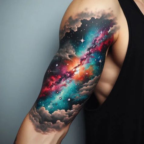 56 Luminescence Galaxy Tattoo Ideas With Universal Meanings And Unlimi – Tattoo Inspired Apparel Galaxy Finger Tattoo, Space Sleeve Tattoo Color, Supernova Tattoo Ideas, Night Scene Tattoo, Space Tattoo Color, Space And Time Tattoo, Milky Way Galaxy Tattoo, Milkyway Tattoos, Space Filler Tattoo Ideas