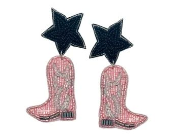 Cowgirl beaded earrings | Etsy Cowboy Boot Earrings, Boot Earrings, Beading Earrings, Pink Cowboy Boots, Earrings Western, Pink Cowboy, Star Earring, Jewelry Star, Boho Earring