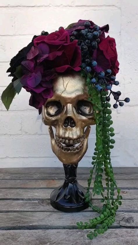 Alternative Halloween Gothic wedding skull floral arrangement by Maddison Rocks Floral Sculpture | Halloween flowers, Fall halloween decor, Victorian halloween Floral Sculpture, Creepy Halloween Decorations, Halloween Flowers, Halloween Centerpiece, Halloween Crafts Decorations, Halloween Gothic, Scary Halloween Decorations, Halloween Yard, Halloween Diy Crafts