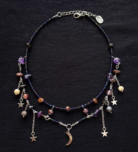 Space Necklace Aesthetic, Space Themed Necklace, Witchy Handmade Jewelry, Space Themed Beaded Necklace, Moon Beaded Necklace, Witchy Jewelry Necklaces, Witchy Beaded Jewelry, Diy Witchy Jewelry, Witchy Jewelry Diy