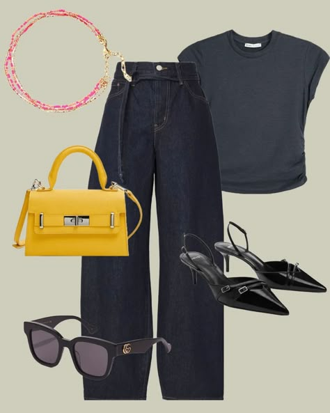 5 days of wearing a yellow mini 💛 bag this summer. Outfits for everyday style and also some special occasion. Some pieces may not be available but I will link similar versions. #outfit #summeroutfit #howtostyle #whattowear #juneoutfit #officelook #ltkfashion #stylingideas #womenoutfits Bagging Jeans Outfit, Basic Outfits For Women, Yellow Purse Outfit, Yellow Bag Outfit, Minimalist Spring Outfits, Casual Everyday Outfits, Outfit Ideas For Black Women, Androgynous Outfits, London Look