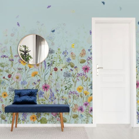 Blue Mural, Flowers Mural, Paper Paste, Restful Bedrooms, Flower Mural, Victorian Cottage, Ink Design, Mural Design, Wallpaper Size