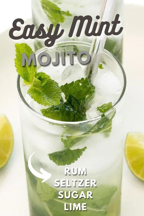 Glass of mint mojito with ingredients listed. Mint Mojito Recipe, Mint Leaves Recipe, Easy Summer Cocktail Recipes, Mint Drink, Whiskey Recipes, Gin Recipes, Mint Mojito, Mixed Drinks Alcohol, Mint Recipes