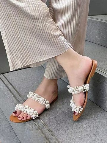 Pearl Slippers, Bridal Slippers, Striped Slippers, Pearl Shoes, Pearl Sandals, Trending Sandals, Pearl Inlay, Crystal Shoes, Shoes Flats Sandals