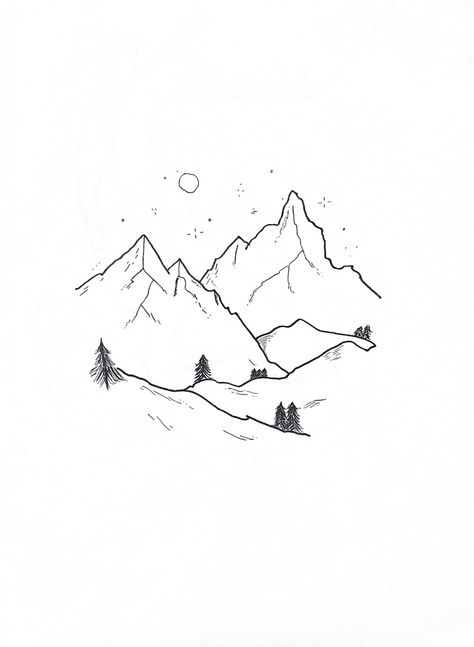 missing the outdoors Single Needle Animal Tattoo, Small Mountain Drawing, Aesthetic Mountain Drawing, Snow Mountain Drawing Simple, Mountains Line Tattoo, Nature Inspired Tattoos Simple, Minimalist Landscape Tattoo, Small Nature Drawings, Highlands Tattoo