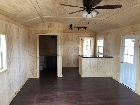 Finished Portable Cabins & Buildings | Countryside Barns Portable Cabin Interior, Storage Building House Interior, Portable Building Homes Interior, Finished Shed Interior Ideas, Portable Building Homes 16x40, Portable Building Homes, Portable Buildings Turned Into Homes, Western Tiny House, 12x32 Lofted Barn Cabin Interior