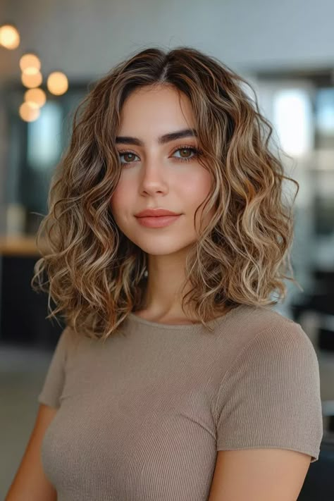 Long Chinese Bob Hairstyles, Brown Curly Hair With Balayage, Collarbone Curly Haircuts, Hair Colour For Summer Skin Tone, 2c Curly Hair Lob, Balayage Curly Hair Natural Curls Dark Brown Blonde, Medium Length Haircut Natural Curls, Foils Brown Hair, Balayage On Short Curly Hair