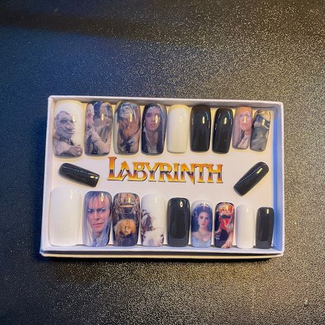 Full Set of Acrylic Nails.. inspired LABYRINTH David - Etsy Labyrinth Nails, Bowie Nails, Labyrinth David Bowie, Kid Galahad, The Krays, Nails Inspired, Acrylic Press On Nails, Nail Patterns, Star Nails