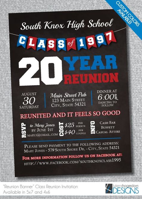 High School Reunion Planning, Highschool Reunion, School Reunion Decorations, Class Reunion Planning, 50th Class Reunion Ideas, Class Reunion Invitations, 10 Year Reunion, High School Class Reunion, Reunion Invitation