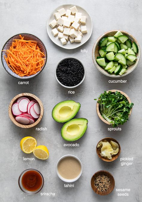 Deconstructed Sushi Bowl, Dynamite Sauce, Vegan Sushi Bowl, Deconstructed Sushi, Vegan Sushi Rolls, Sushi Bowl Recipe, Sushi Ingredients, Forbidden Rice, Veggie Sushi