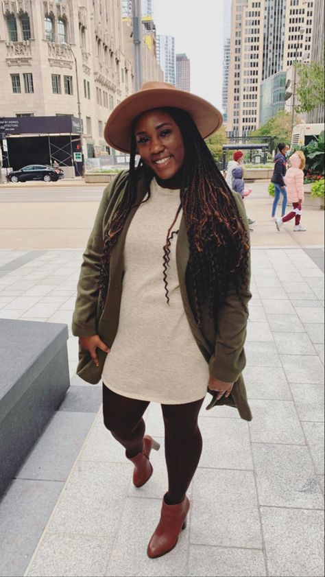 Olive Coat , tan sweater dress, brown booties. Tan hat #fallfashion #chicago #blackgirlmagic #blackgirlfashion Brown Booties Outfit Fall, Brown Booties Outfit, Booties Outfit Fall, Tan Sweater Dress, Sweater Dress Brown, Olive Coat, Tan Hat, Booties Outfit, Tan Sweater