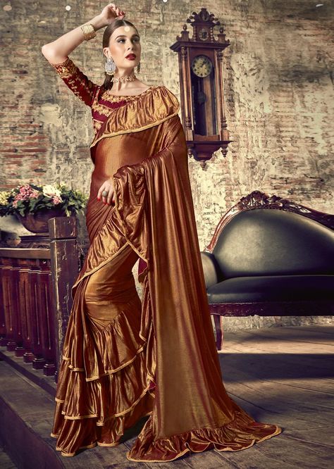 Saree With Lace Border, Gold Saree, Ruffle Saree, Plain Saree, Blouse Measurement, Satin Saree, Net Saree, Designer Lehenga Choli, Caramel Brown