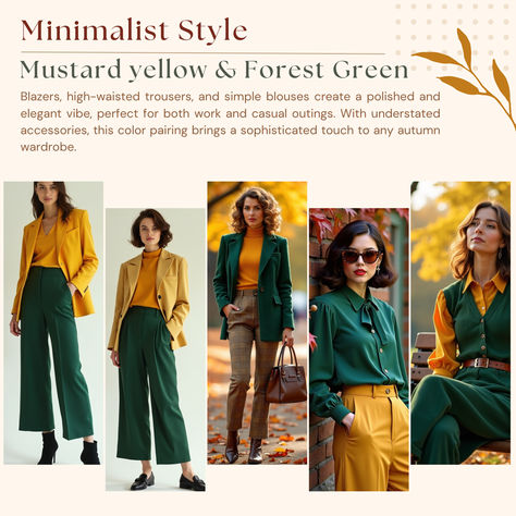 Models showcase minimalist fall outfits in mustard yellow and forest green, featuring blazers, high-waisted trousers, and classic blouses. These looks are polished and elegant, perfect for work or casual occasions, with understated accessories to add a touch of sophistication. Mustard Work Outfit, Mustard Yellow Outfit Combination, Green And Gold Outfit Ideas, Forest Green Color Combinations, Mustard Blazer Outfit, Yellow Green Outfit, Mustard Outfit, Mustard Yellow Outfit, Mustard Outfits