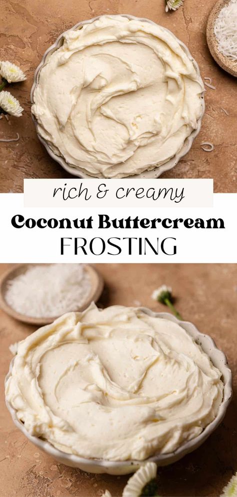 This fluffy coconut buttercream frosting is made with coconut extract and coconut cream for the most delicious tropical flavor! Butter and coconut cream make this frosting rich and creamy, perfect piped on cupcakes and slathered on cakes and cookies. It comes together in just 5 minutes! Coconut Cake With Buttercream Frosting, Pina Colada Buttercream, Coconut Milk Frosting Recipe, Coconut Butter Frosting, Coconut Cream Icing, Coconut Wedding Cake Recipe, Coconut Cream Cake Filling, Coconut Filling For Cake, Coconut Cream Cakes