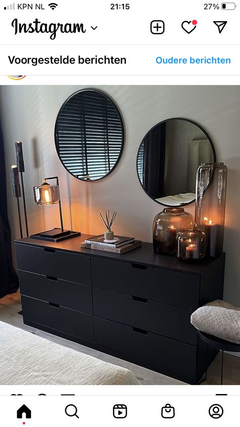 Bedroom Dresser Decor Black, Beige Walls Black Furniture Bedroom, Black Furniture Room Decor, Black Industrial Dresser, Grey Bedroom Dresser Ideas, Malm Black Bedroom, Black Dresser Room Ideas, Ikea Malm Bedroom Ideas Black, Beige Walls Black Furniture