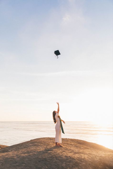 Beachy Graduation Pictures, Beach Sunset Grad Pics, Graduation Photoshoot Ideas Beach, Ocean Graduation Pictures, College Graduation Beach Pictures, Beach Graduation Pictures Cap And Gown, Beach Pictures Graduation, Grad Pics At The Beach, Beach Photoshoot Graduation