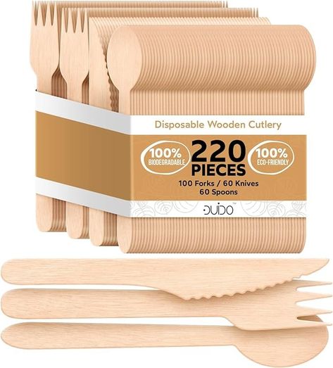 Amazon.com: Disposable Wooden Cutlery – 220 Pack Biodegradable Utensils - Eco Friendly Compostable Utensils : Health & Household Compostable Utensils, Disposable Utensils, Wooden Fork, Plastic Silverware, Wooden Knife, Wooden Cutlery, Wood Utensils, Wooden Utensils, Candy Christmas Decorations