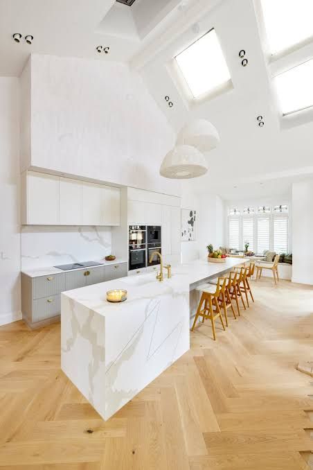 The Block Kitchen, Marble Benchtop, Luxe Kitchen, Pink Cabinets, Navy Kitchen, Island Bench, Contemporary Coastal, Big Kitchen, Kitchen Splashback