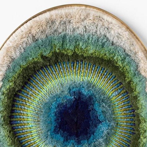 Tammy Kanat on Instagram: "Breathe (Sapphire), 2023 woollen tapestry, brass frame 102 x 81 cm  There is peace  For one Whose heart is open   @gallerysallydancuthbert   Photo @melbournemuseumphotography   #textileart #fiberart #textiles #tammykanat" Tammy Kanat, Round Weaving, Circular Weaving, Turkey Tail, Liberal Arts, Circular Pattern, April 3, Embroidery Hoop Art, Woven Wall Hanging