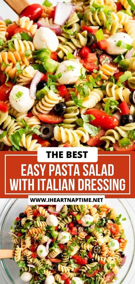 Filled with tender pasta and crisp colorful veggies, this flavorful and easy pasta salad with Italian dressing is a zesty must-have for any potluck! No Pasta Salad Recipes, Tricolor Pasta Salad Italian Dressing, Pasta Salad With Italian Dressing Cold, Pasta Salad Recipes With Olive Garden Dressing, Pasta Salad Recipes With Italian Dressing Olive Gardens, Pasta Salad With Zesty Italian Dressing, Zesty Pasta Salad Recipes, Salads With Italian Dressing, Italian Rotini Pasta Salad