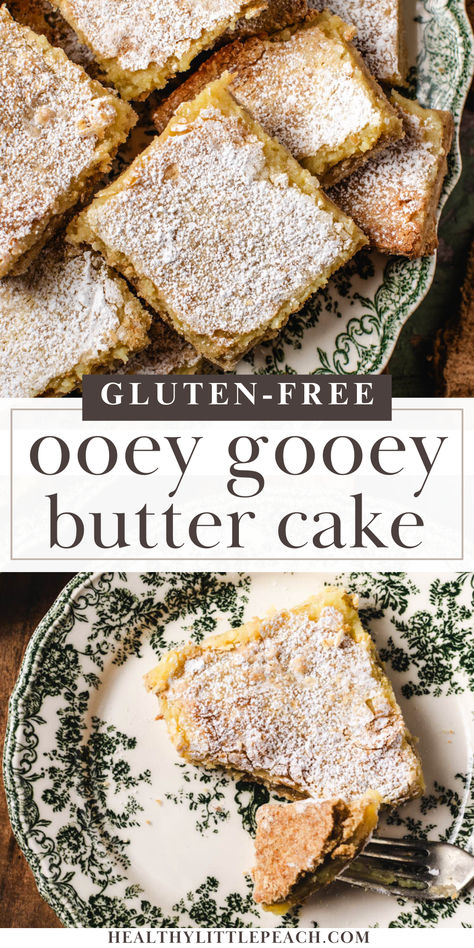 This ooey gooey butter cake recipe features two layers– a dense cake base and a gooey cream cheese top. Baked into a sweet and tasty cake that is perfect for any occasion! Every bite is magic! Even better, we’re using boxed cake mix to speed up the process while still yielding baked-from-scratch results! Gooey Butter Cake Gluten Free, Gooey Desserts Easy, Gluten Free Ooey Gooey Bars, Gluten Free Ooey Gooey Butter Cake, Gluten Free Gooey Butter Cake, Gluten Free Butter Cake, Butter Cake Gooey, Gluten Free Cake Mix Recipes, Ooey Gooey Butter Cake Recipe