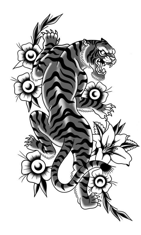 American Traditional Tiger Tattoo Design, American Traditional Tiger Tattoo Black, Old School Tattoo Tiger, Tiger Tattoo Drawing, Old School Tiger Tattoo, American Traditional Tiger, Traditional Tiger Tattoo, Traditional Panther Tattoo, Japanese Tiger Tattoo