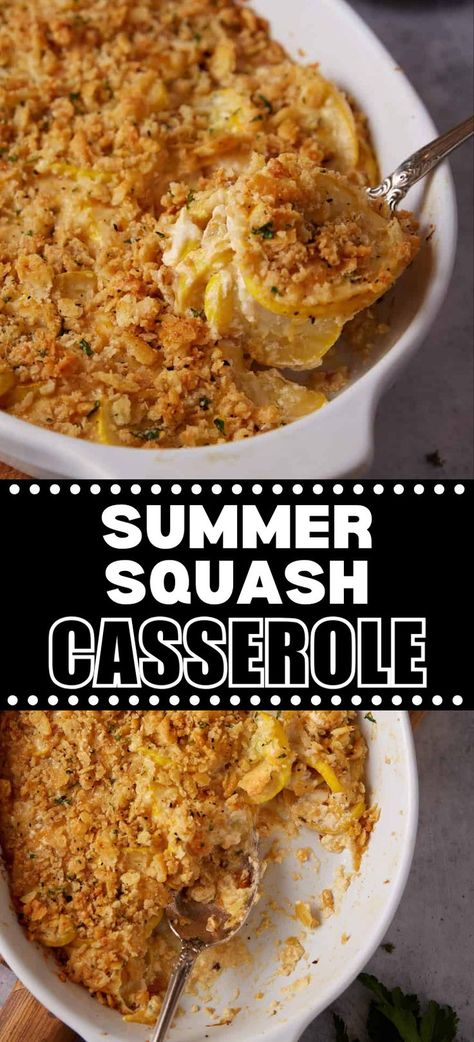 Collage of baking dish full of summer squash casserole at top and bottom. Cheesy Summer Squash Casserole, Healthy Squash Casserole Clean Eating, Squash Casserole With Cream Of Mushroom, Southern Living Squash Casserole Recipe, Squash Casserole With Jiffy Cornbread, Squash Casserole With Ritz Crackers, Cheesy Squash Casserole, Cheesy Ham And Potato Casserole, Casserole With Ritz Crackers