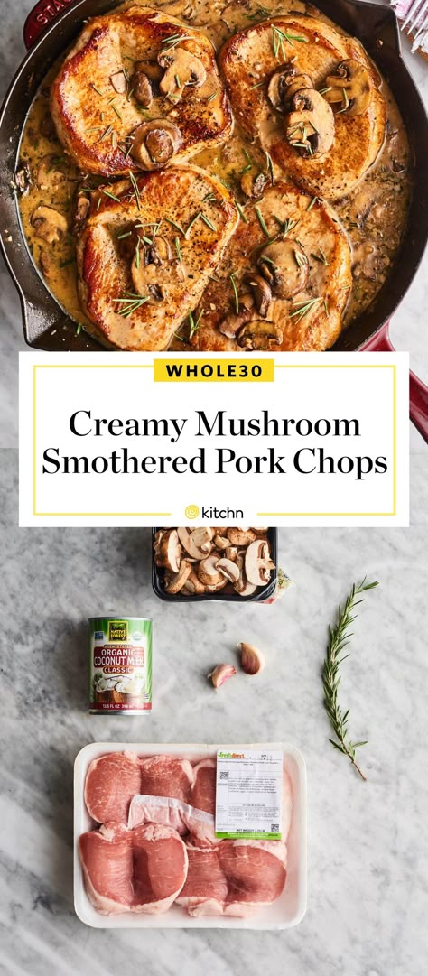 Healthy Smothered Pork Chops, Aip Pork Chops, Whole 30 Pork Chop Recipes, Whole30 Pork Chops, Pork And Mushroom Recipes, Paleo Pork Chops, Pork Chops Smothered, Smothered Pork Chops Recipe, Pork Mushroom